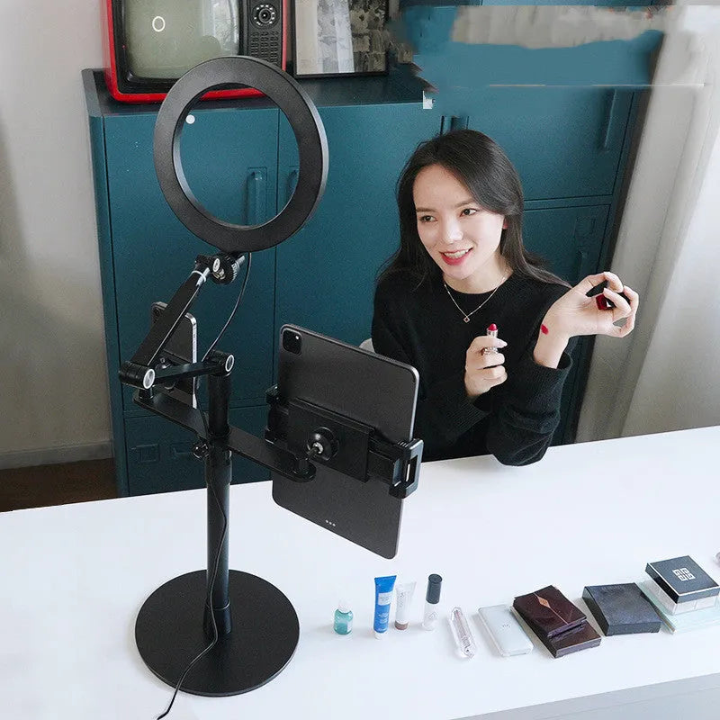 Black aluminium floor stand with USB fill light for mobile phone and tablet live streaming