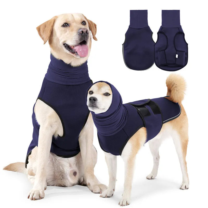 Polyester dog anti-anxiety jacket in army green colour showing mood soothing design for canine pets