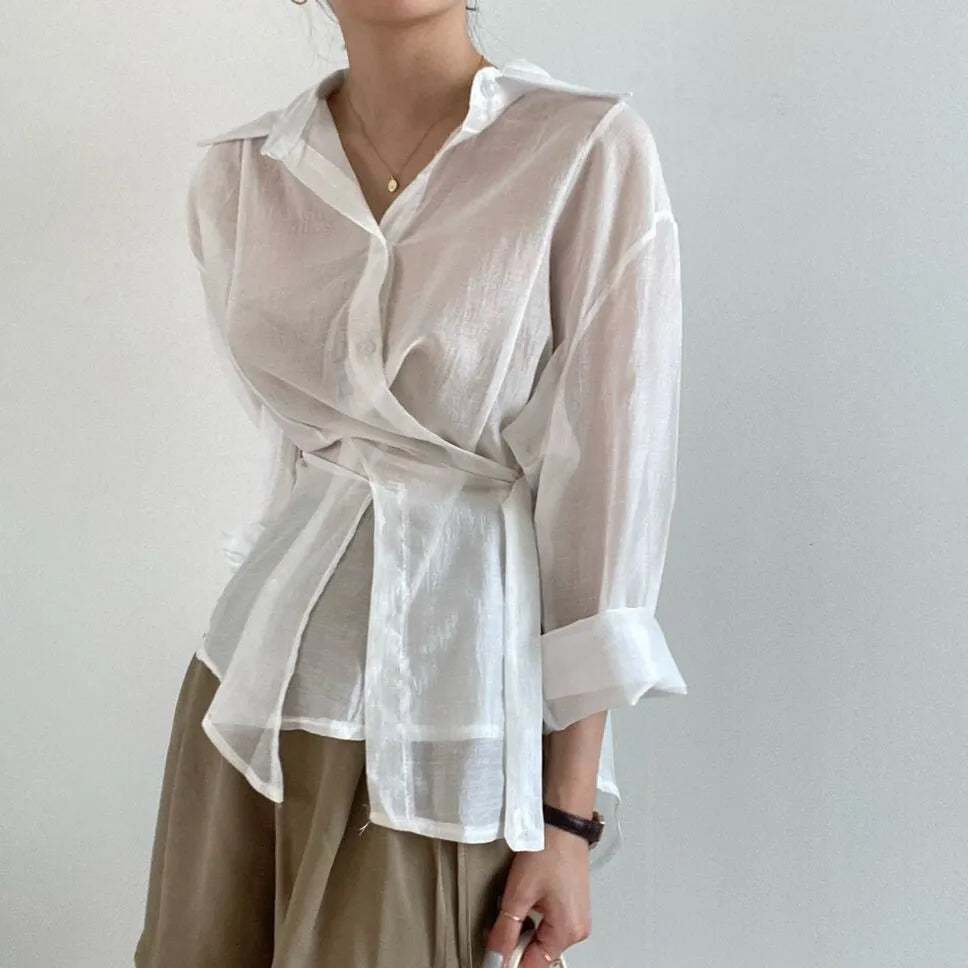 Irregular buckle lapel long sleeve shirt in smoky gray or white, polyester, S to XL, 50cm length