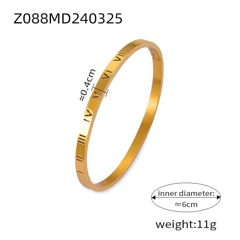 Titanium steel Roman numeral bracelet with gold plated carved design and diamond-embedded detail