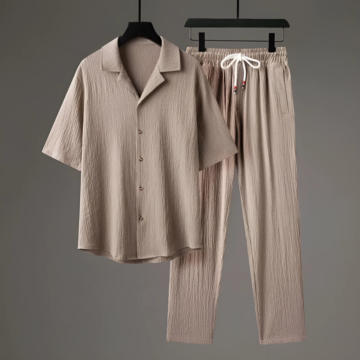 Men's Chinese style casual two-piece sportswear set with short sleeve top and trousers