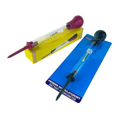 A red and black glass electrohydraulic hydrometer for testing car battery electrolyte density.