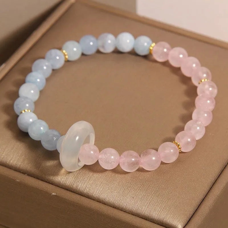 Aquamarine crystal bracelet for women with pink blue colourway, crafted as a manual processed light luxury dopamine jewellery piece featuring geometric shapes and round elements in a natural style