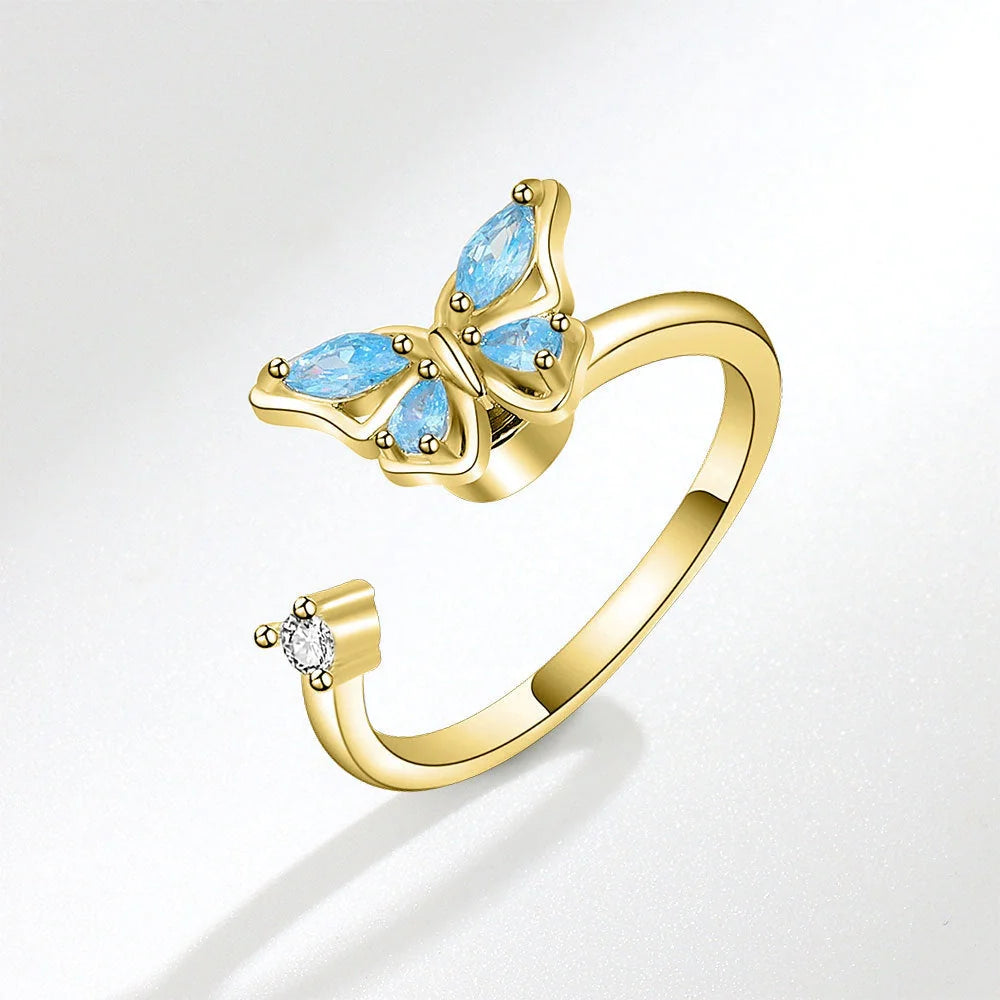 Women's adjustable rotatable butterfly ring with zircon inlay, available in multiple designs