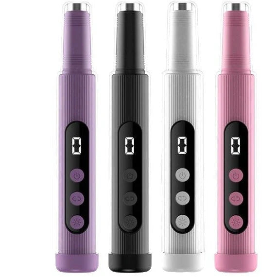 Blush pink electric nail grinder with LED light and six attachment heads on white background