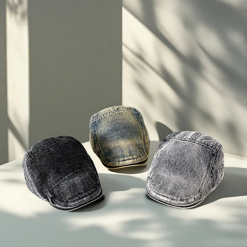 Men's Flat Crown Denim Baseball Hat with Retro Colour Options in Black, Dark Blue, Denim Blue, Grey, Light Blue and Retro Yellow - Breathable, Windproof Four Seasons Cap for Casual and Sporty Style