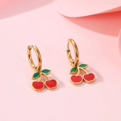 Cherry jewellery set with necklace, bracelet, earrings and ring in gold electroplated stainless steel with geometric fruit design
