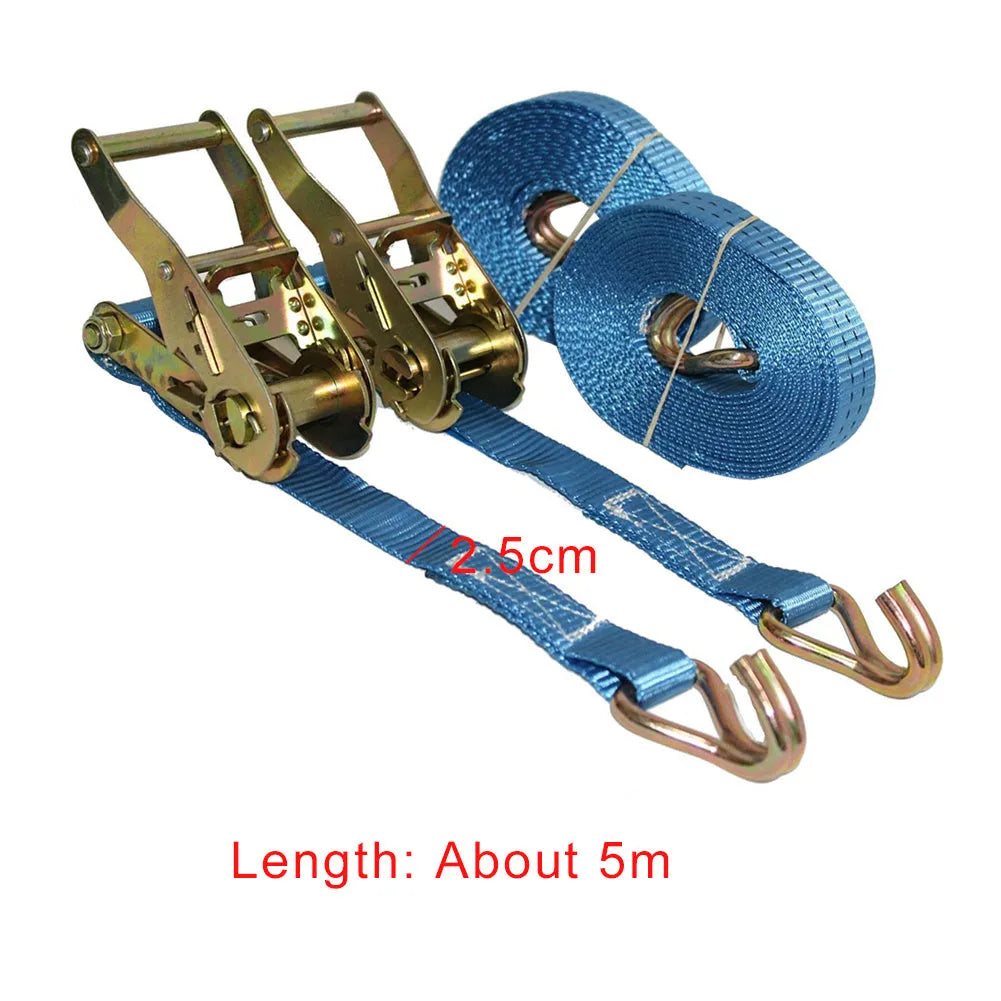 Steel hook and polyester ratchet tensioner binding strap for securing cargo and pallets.