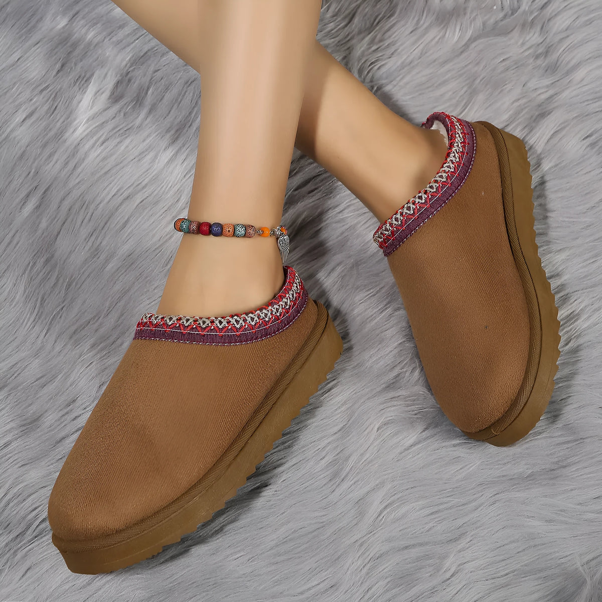 Women's half-slipper snow boots with faux fur lining, faux PU upper, and non-slip rubber sole in maroon.