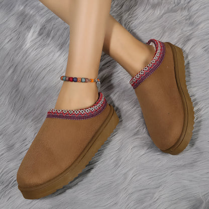 Women's half-slipper snow boots with faux fur lining, faux PU upper, and non-slip rubber sole in maroon.