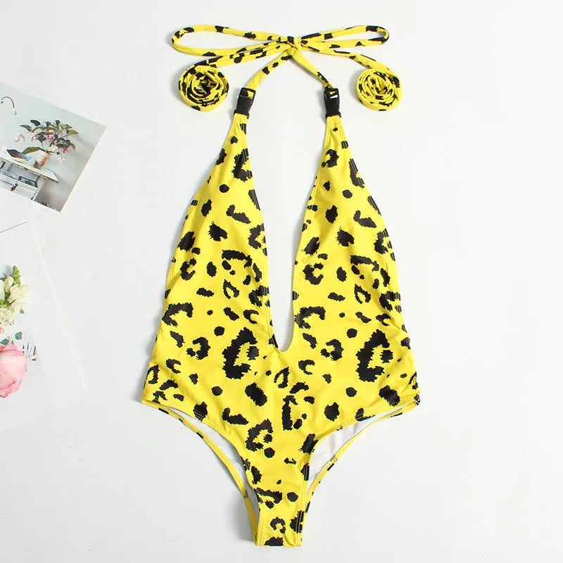 Women's leopard print bandage one-piece swimsuit with backless design for swimming