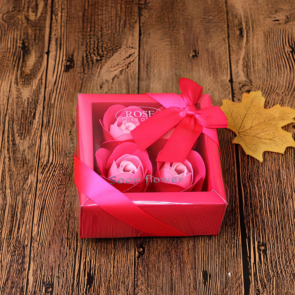 Handmade soap flowers in red heart-shaped tin box measuring 12x12x5cm