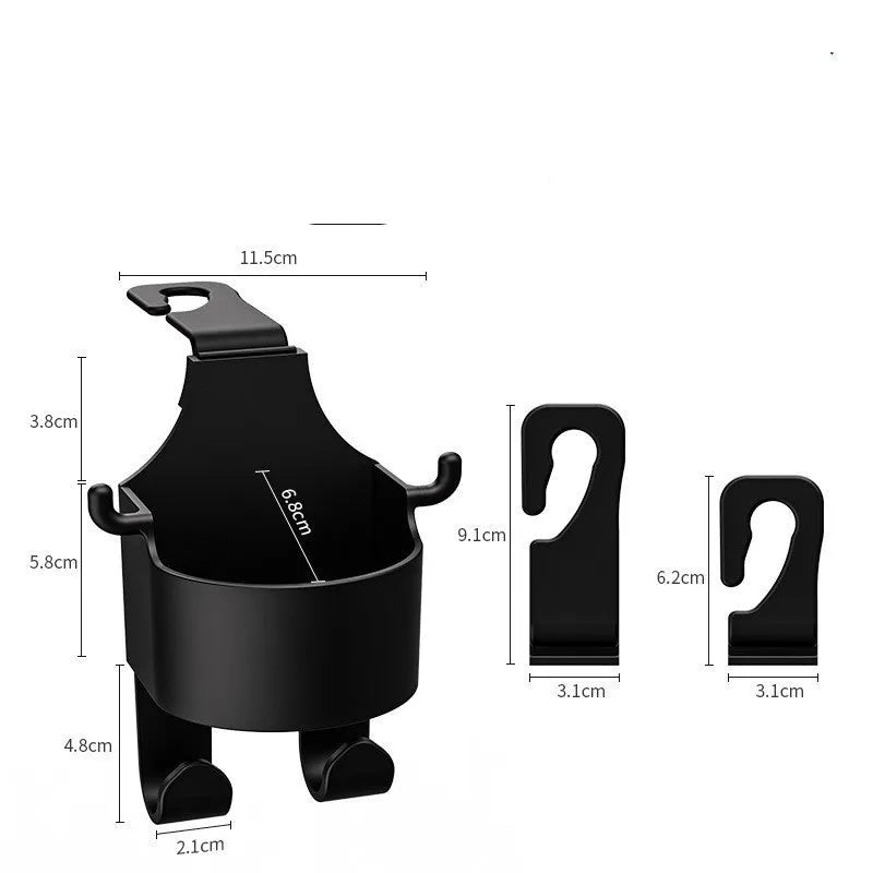Black plastic car seat back organiser with cup holder and hook functionality