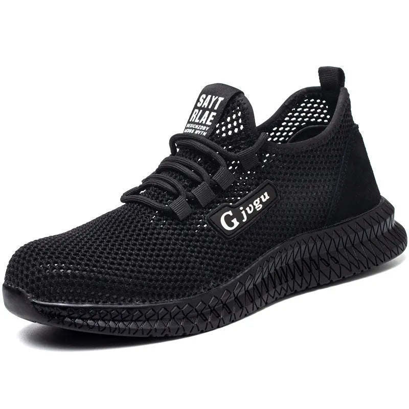 Men's low-top black work shoe with Flyknit upper and steel toe cap on a grey background