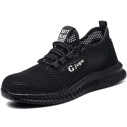 Men's low-top black work shoe with Flyknit upper and steel toe cap on a grey background