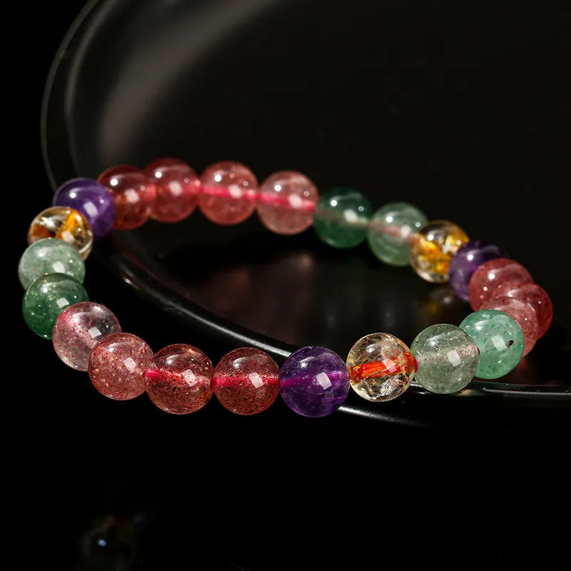 Natural strawberry quartz women's bracelet with round geometric beads in 7mm, 8mm, 9mm sizes.