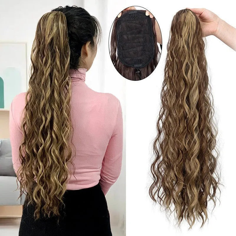 Water ripple long curly synthetic hair extension with drawstring ponytail attachment in multiple colour options