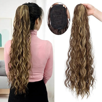 Water ripple long curly synthetic hair extension with drawstring ponytail attachment in multiple colour options