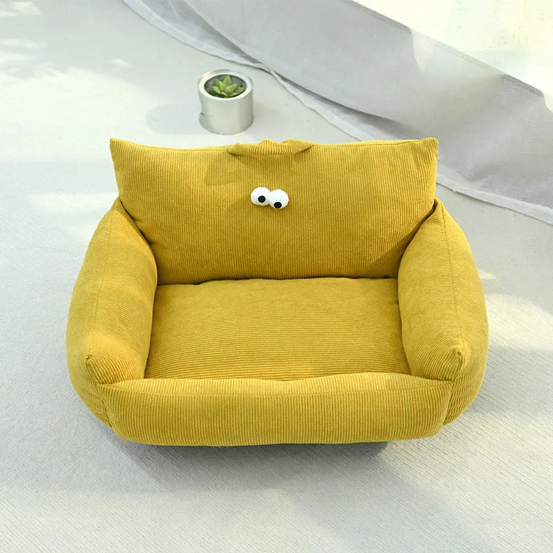 Cartoon big eye pet sofa kennel bed in blue colour with moon velvet fabric and PP cotton filling