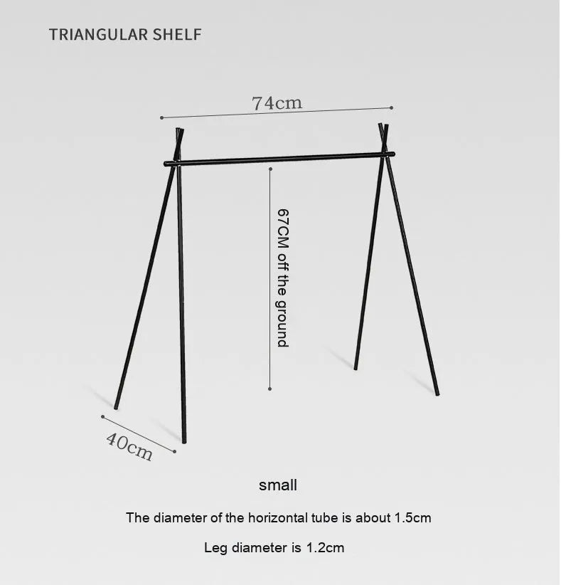 Aluminium alloy folding clothes drying rack with triangle frame and side hanger hooks for camping.