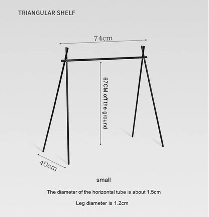 Aluminium alloy folding clothes drying rack with triangle frame and side hanger hooks for camping.