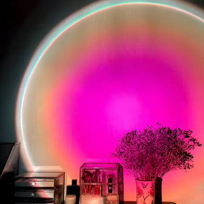 USB rechargeable sunset projection lamp showing rainbow and red lighting effects