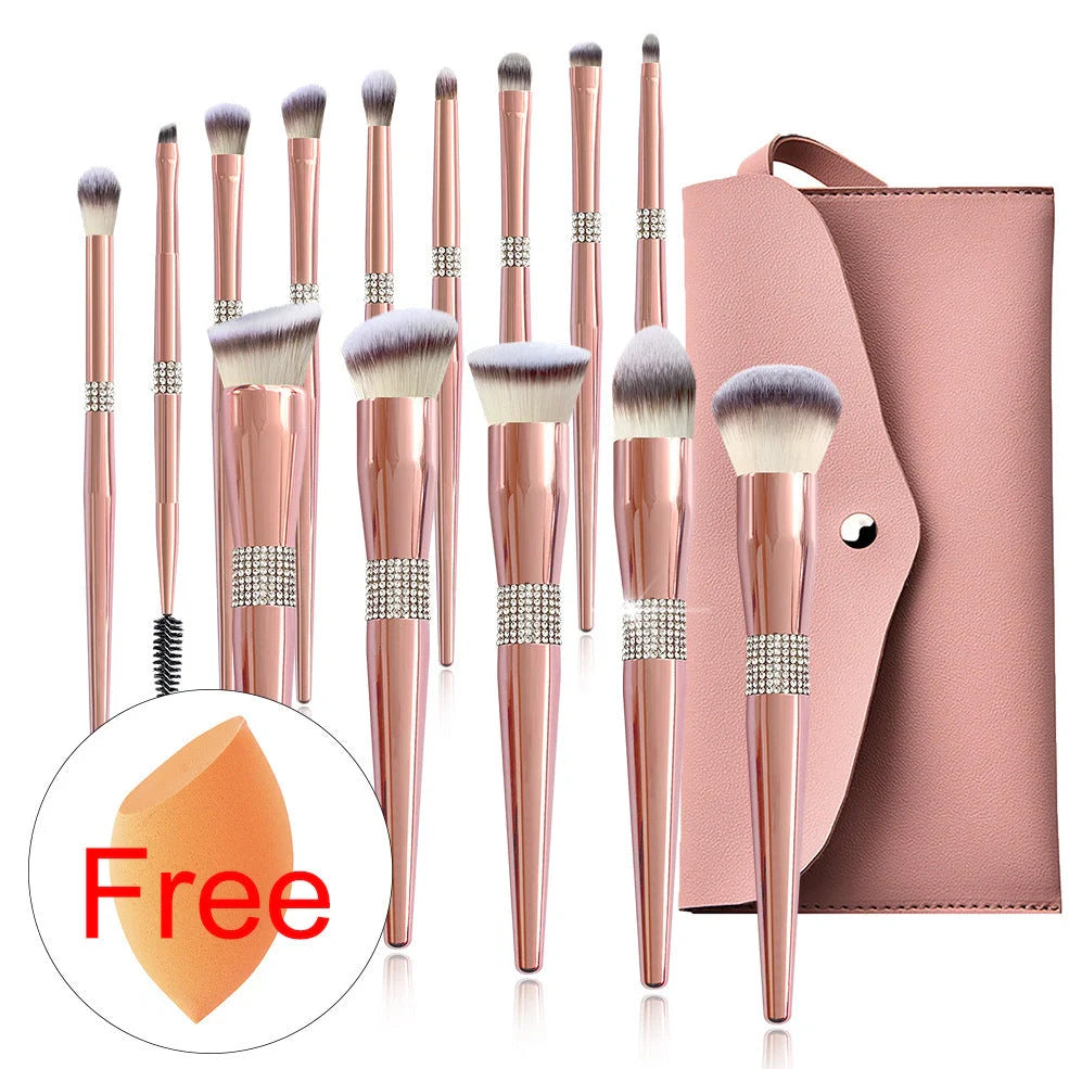 Rose gold electroplated makeup brush set with 14 pieces showing 20cm length and PU storage bag
