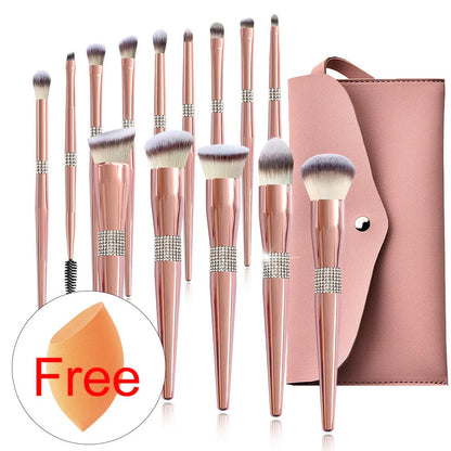 Rose gold electroplated makeup brush set with 14 pieces showing 20cm length and PU storage bag