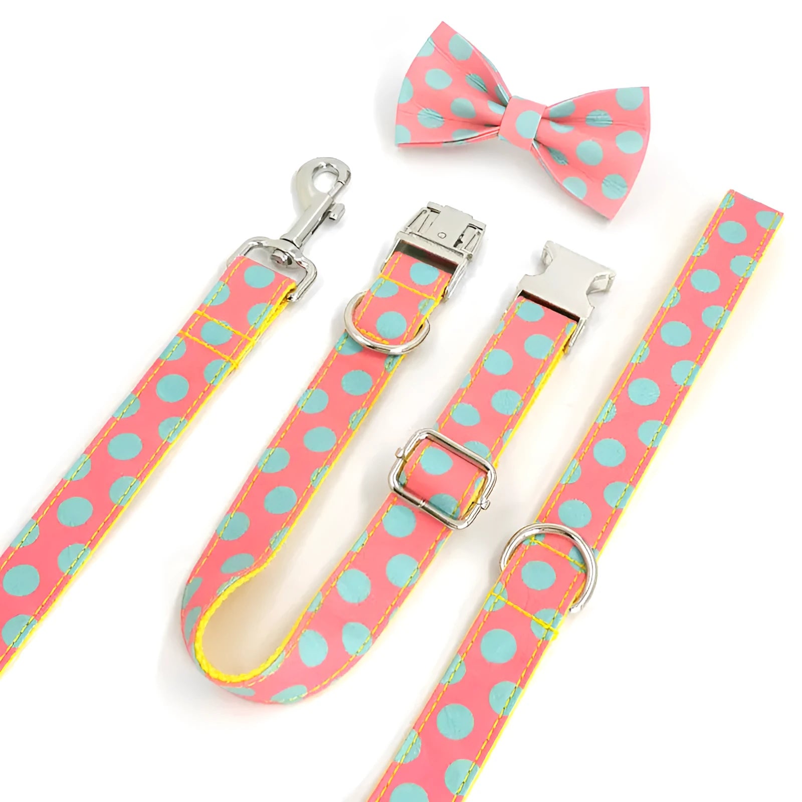 Yellow polka dot dog collar and lead set with coordinating bow, available in five sizes