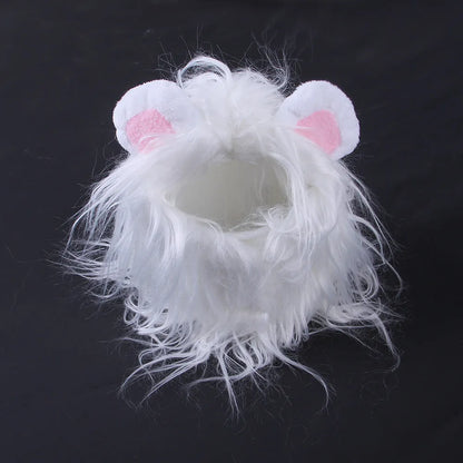Black cat wearing lion headgear wig with adjustable elastic strap around head