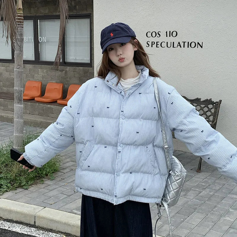 Women's plaid bow print loose cotton coat with long sleeves and pockets in blue or purple, sizes M L XL