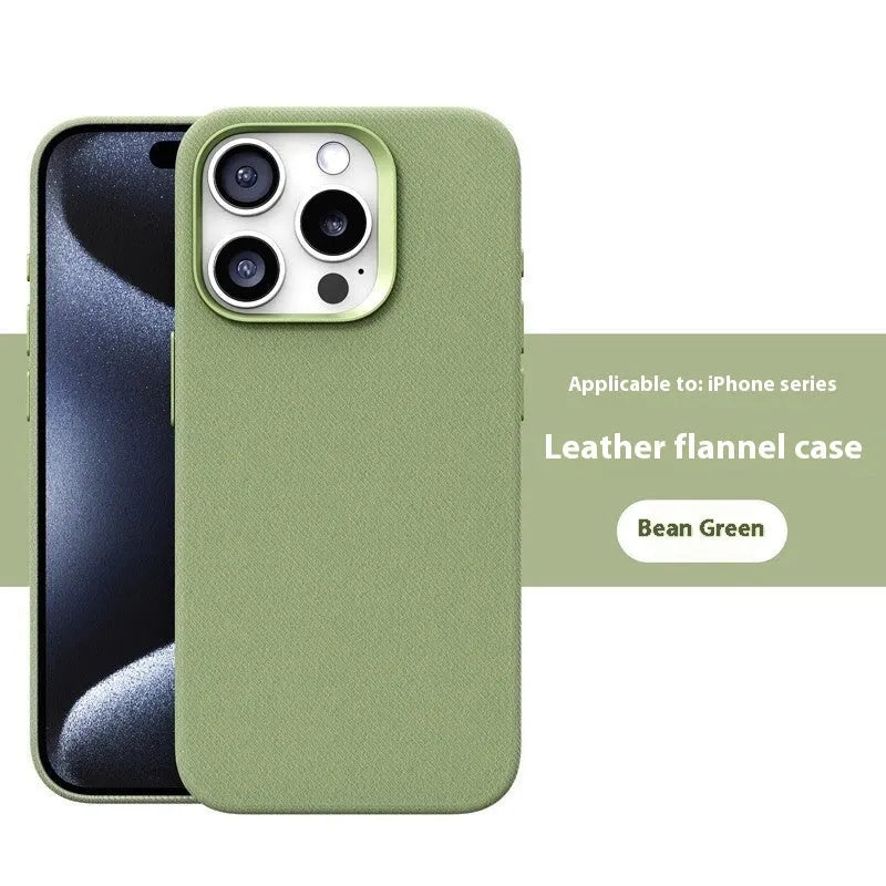 Leather flannel magnetic phone case for iPhone in silver gray, light blue, black, dark purple, bean green, fir green, orange, dark blue with frosted finish