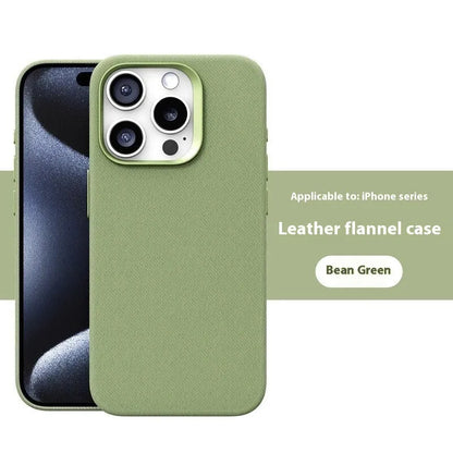 Leather flannel magnetic phone case for iPhone in silver gray, light blue, black, dark purple, bean green, fir green, orange, dark blue with frosted finish