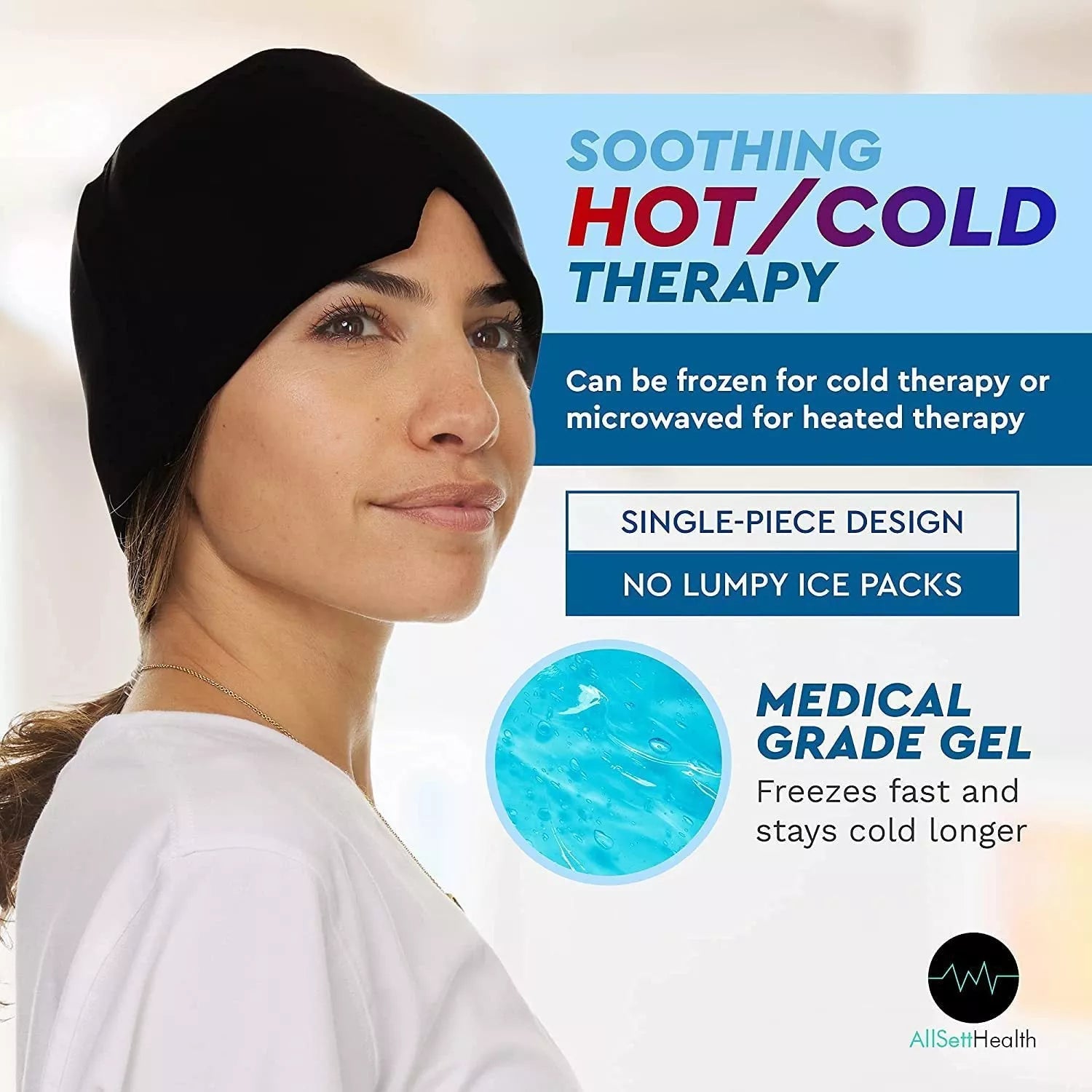 Ice Compress Headache Relief Hat in black and pink, offering 360-degree cold therapy for migraines and stress