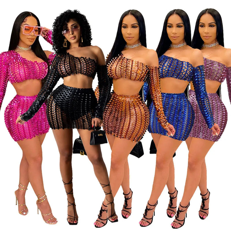 Fashion hollow-out dress two-piece set for women, sleeveless top and skirt set with net hole detailing, polyester material in short skirt length, available in black, brown, blue and pink colour options with S to XXL sizing including Asian size guidance