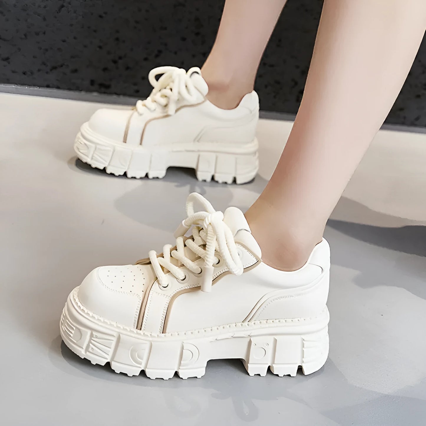 Beige and pink women's leather casual shoes with a thick, cushioned muffin bottom rubber sole.