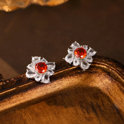 Silver retro geometric women's earrings with diamond red pigeon design and white gold colour finish