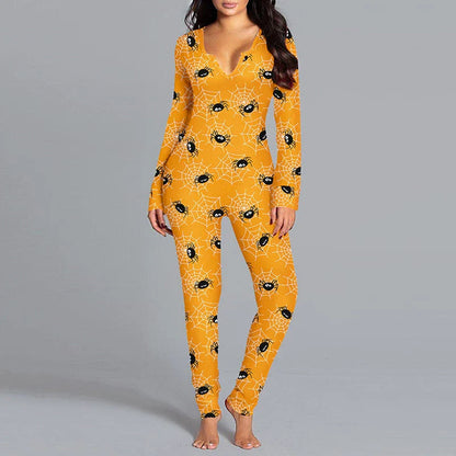 Cozy and stylish Halloween-themed pajama jumpsuit with long sleeves and a variety of color options