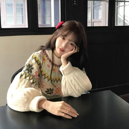 Women's milky white lantern sleeve pullover sweater with loose fit
