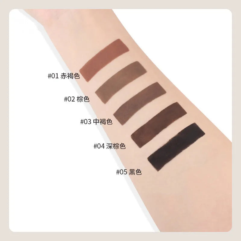 Double-headed eyebrow cream stick showing powder end and spoolie brush, with five colour shade options displayed.