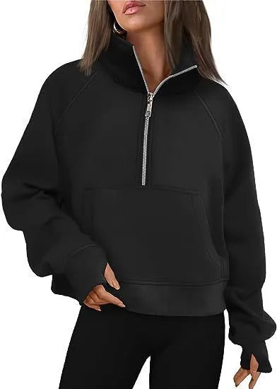 Women's loose lapel fleece-lined sweater in a solid colour with raglan long sleeves.