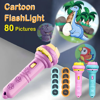 Red cartoon projection flashlight showing rotating lens mechanism for 80 pattern changes