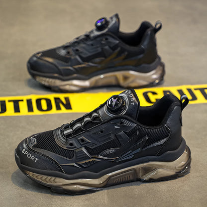Men's black casual shoes with a rotating button fastener and mesh upper on a low platform sole