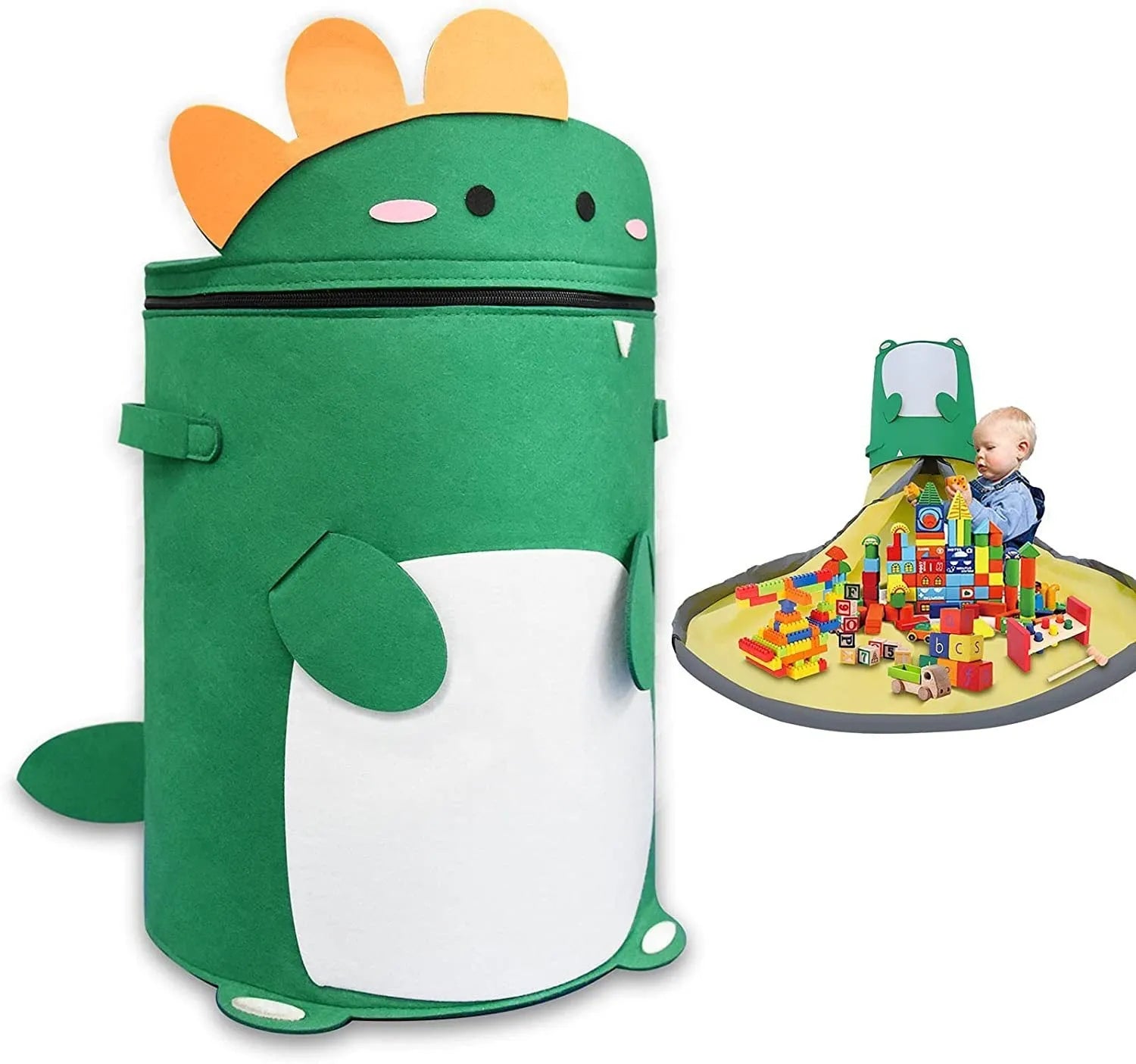 Green felt storage cube with pull rope, unfolded flat as a square play mat next to toys.