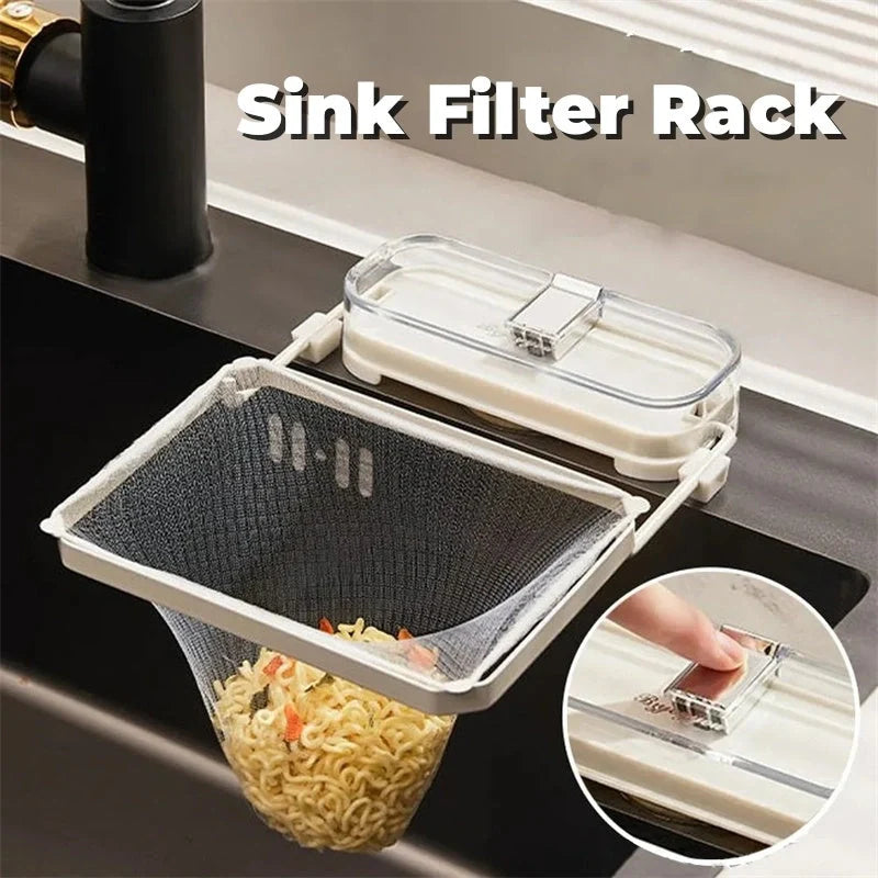 Kitchen Sink Filter Rack with removable suction cups and fine mesh for efficient cleaning