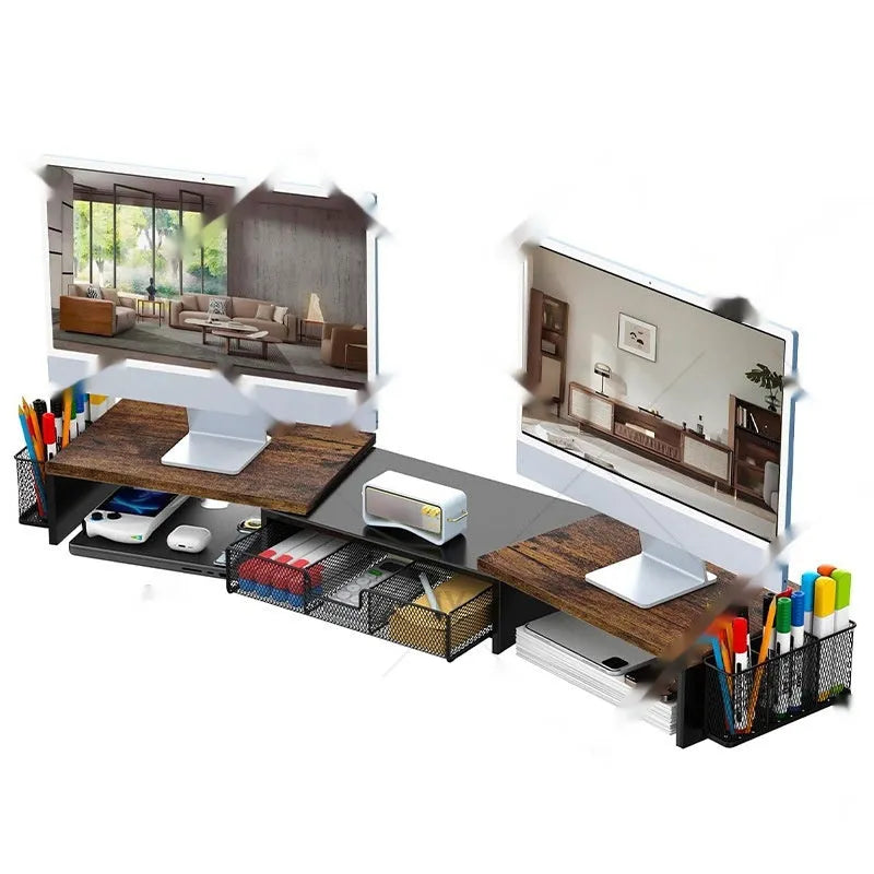 Double-station desktop monitor elevated rack in carbon steel with modern simplicity design