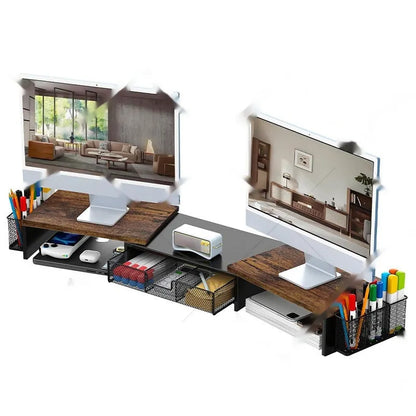 Double-station desktop monitor elevated rack in carbon steel with modern simplicity design
