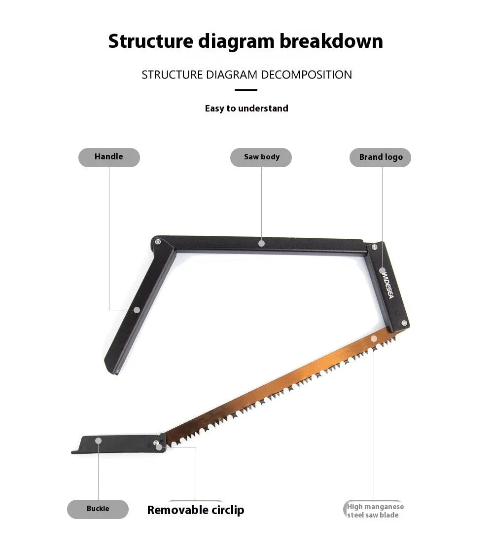Black foldable outdoor saw with aluminium frame and PA66 nylon handle in open position.