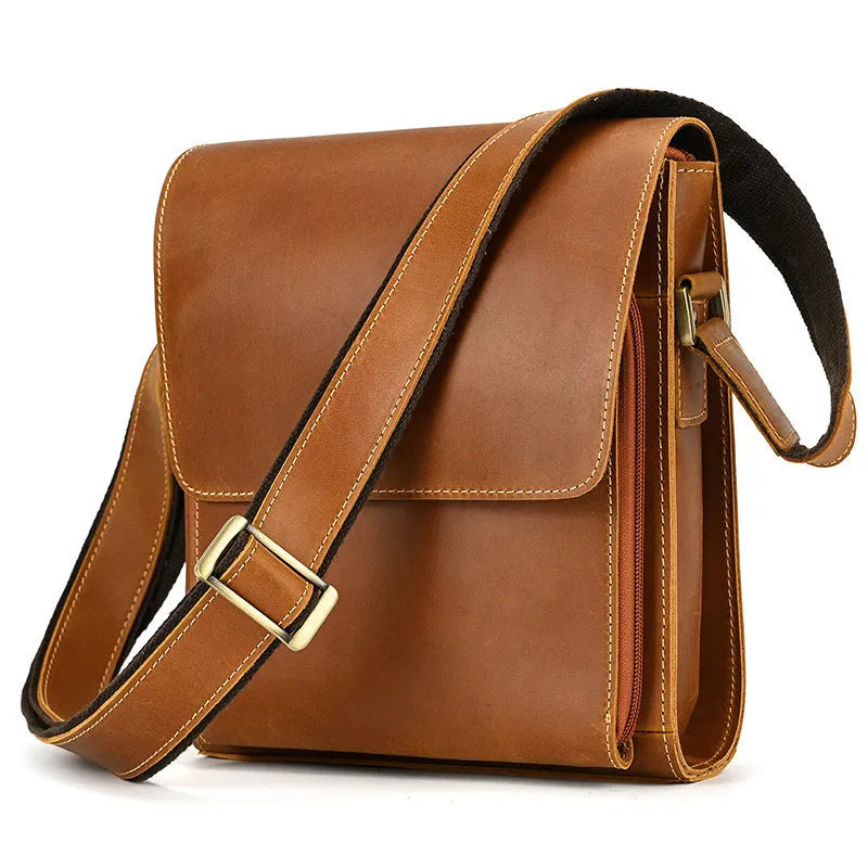 Men's Leather Shoulder Bag in First Layer Cowhide Crazy Horse Leather Crossbody Messenger Bag with Nylon Lining, Retro European-American Style, Available in Multiple Sizes Including A4-Compatible and Specific 30cm/33cm Models