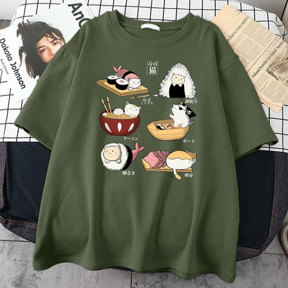 Man wearing a black loose-fit cotton t-shirt with a colourful cute cat sushi cartoon print on the front.